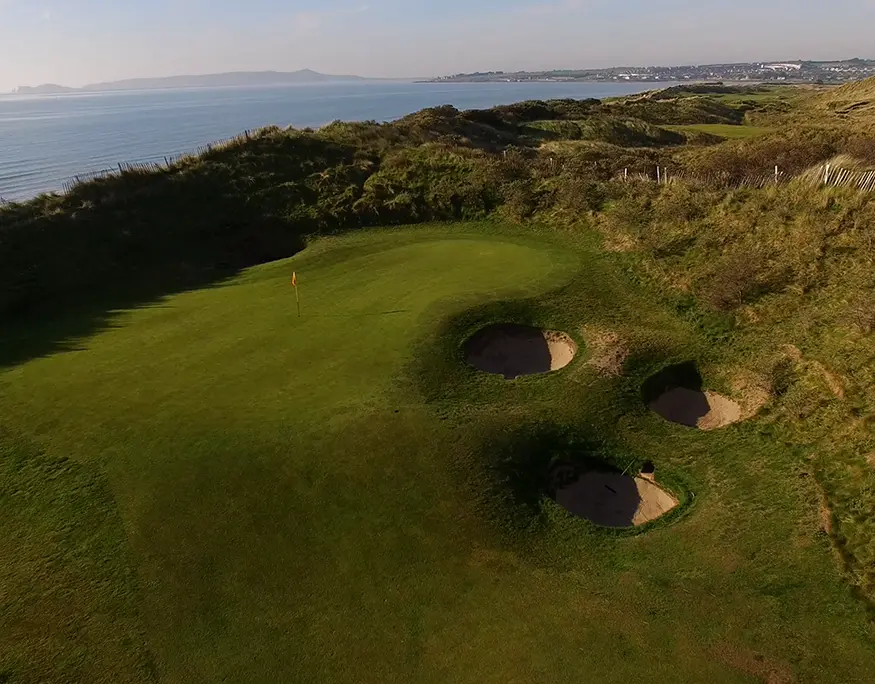 Aerial view of greens and bunkers