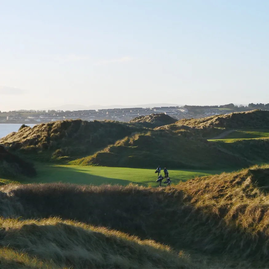Golfers walk on green between grassy dunes