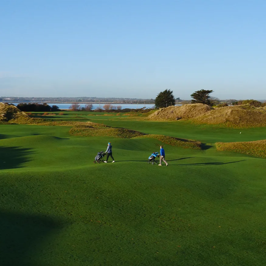Golfers walk their clubs along course